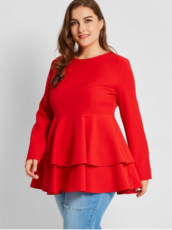 44% OFF] 2019 Tiered Plus Size Peplum Top In RED 4XL | ZAFUL