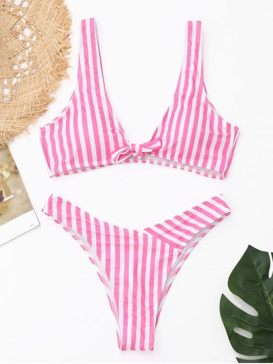 31% OFF] 2019 Front Knot Striped Bikini Set In PINK AND WHITE M | ZAFUL