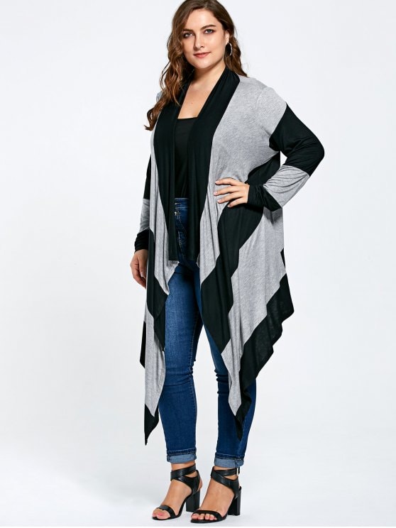 2019 Striped Plus Size Long Asymmetric Cardigan In BLACK AND GRAY XL
