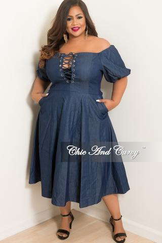 New Plus Size Lace Up off the Shoulder Flare Dress with Back Silver