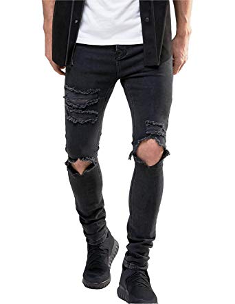 Men's Stretch Skinny Ripped Jeans With Knees Rips Distressing In