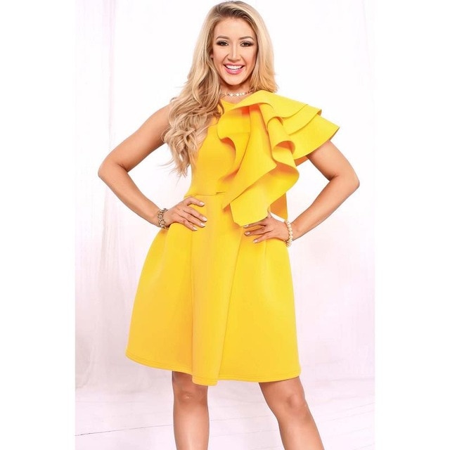 Yellow One Shoulder Ruffle Dress Scuba Knitting Fabric Dress Women