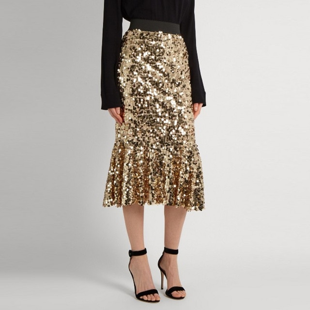 Glittering Gold Sequins Pencil Skirt Top Quality Fashion Mid Calf