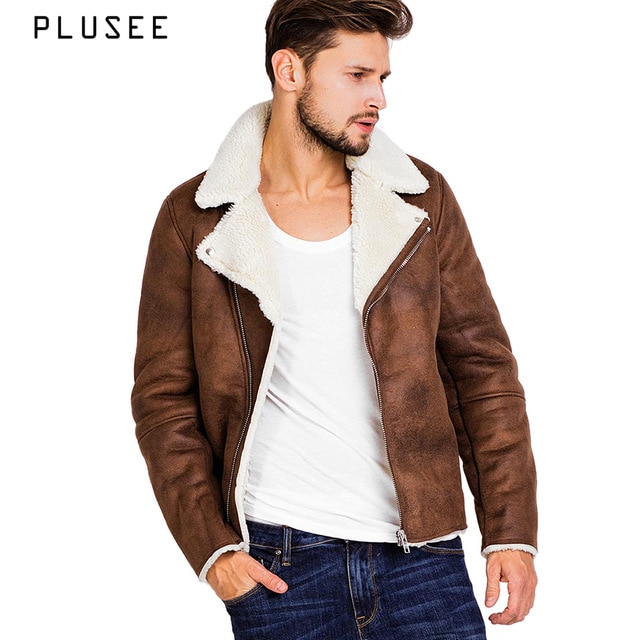Plusee faux suede jacket for men brown winter leather jacket pocket