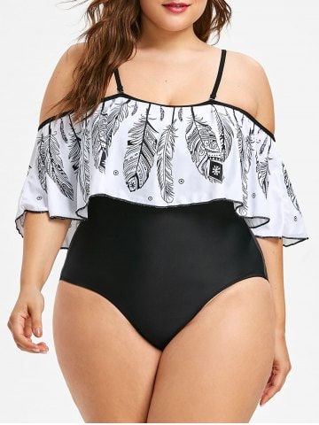 2019 Plus Size Feather Print Flounce Swimsuit | Rosegal.com
