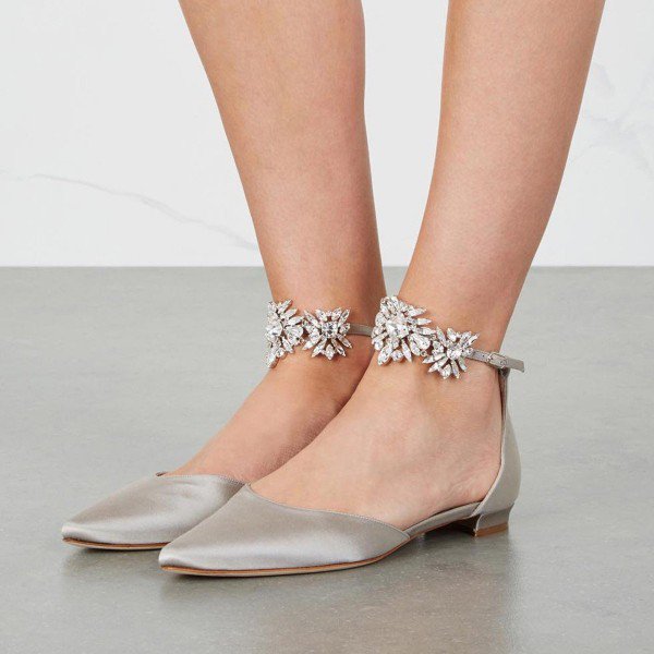 Grey Flat Wedding Shoes Satin Pointy Toe Rhinestone Ankle Strap