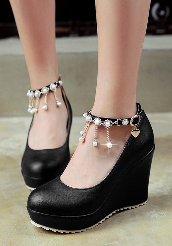 Black Round Toe Pearl Chain Casual Buckle Wedges Shoes - Wedges - Shoes