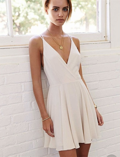 A Line V Neck Short White Prom Dress, Short White Formal Dress