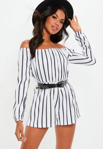 White Striped Bardot Playsuit | Missguided