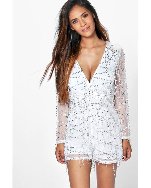 Boohoo Drop Sequin Plunge Neck Playsuit in White - Lyst