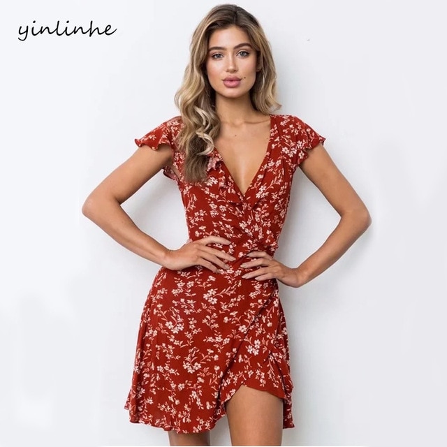 yinlinhe V neck Red Floral Beach /Wrap Dresses Women/Summer Dress