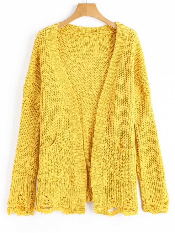 33% OFF] 2019 Ripped Pockets Cardigan In YELLOW ONE SIZE | ZAFUL