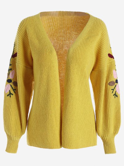 2019 Floral Embroidered Lantern Sleeve Cardigan In YELLOW ONE SIZE