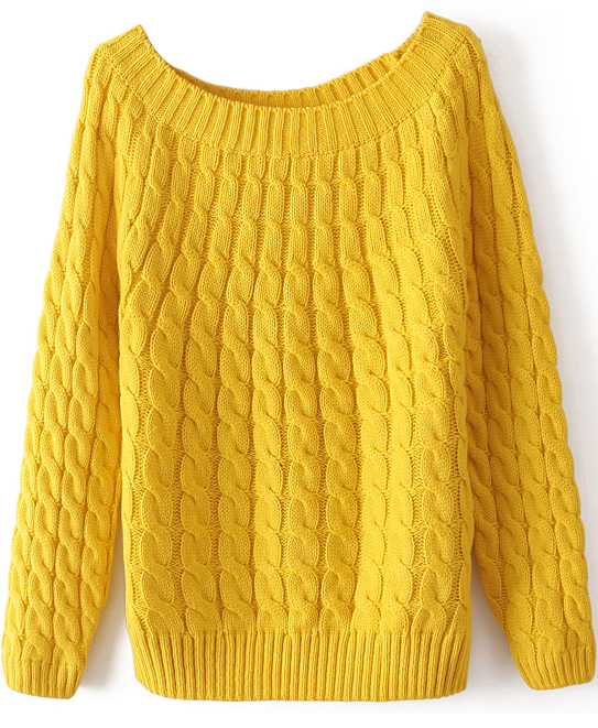 Yellow Long Sleeve Loose Cable Knit Sweater - abaday.com