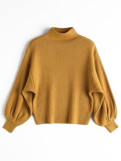 47% OFF] 2019 Lantern Sleeve Mock Neck Sweater In YELLOW ONE SIZE