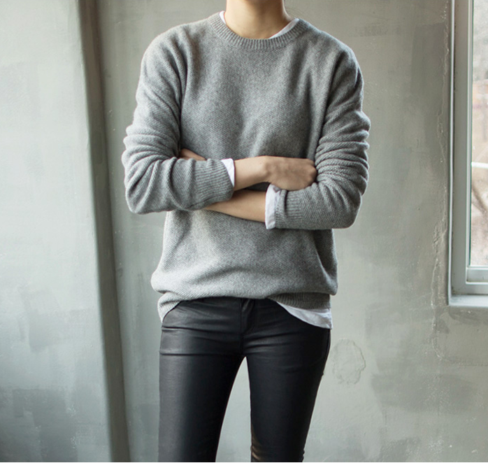 leather pants and grey cashmere sweater | Gray cashmere sweater .