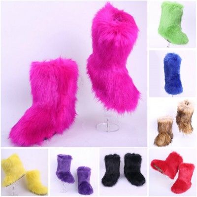Women's Faux Fox Fur Boots Chic Black Mid Calf Winter Boots in .