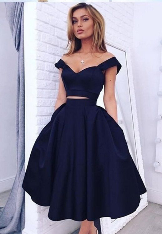 Chic Homecoming Dresses,Off The Shoulder Prom Dress,Navy Porm .