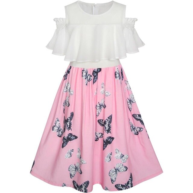Girls Dress Chiffon Butterfly Ruffle Cold shoulder White Pink 2020 .