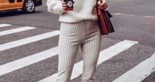 Autumn outfit - white cozy sweater + striped pants and leather .