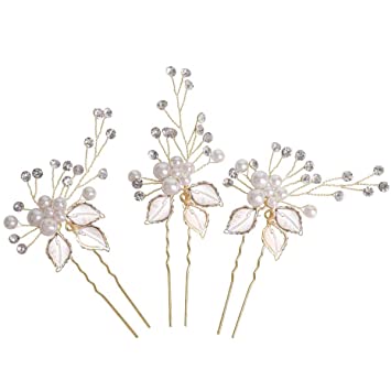 Amazon.com : Sppry Wedding Hair Pins (3 Pcs) - Elegant Pearl Leaf .