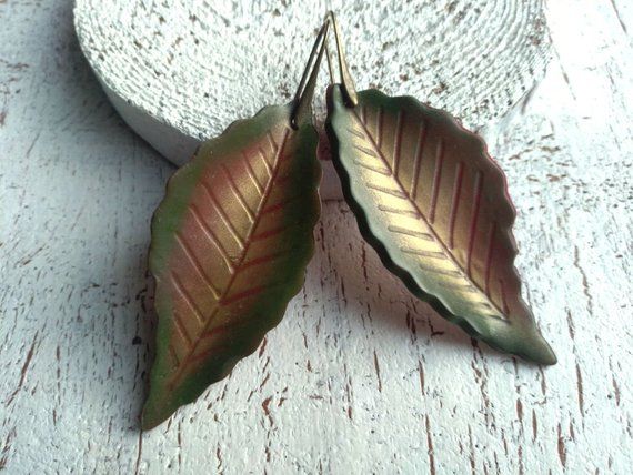 Long Leaf earrings Autumn colors Style gift for her Dangle .