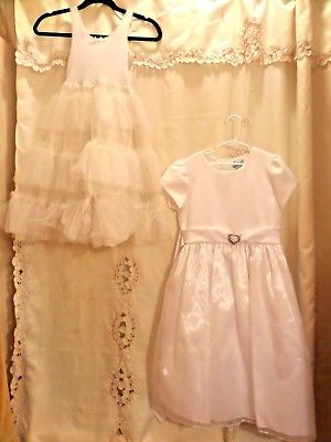 GIRLS VINTAGE FLOWER GIRL LONG WHITE POLY DRESS AND UNDER .