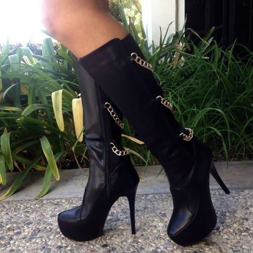 Chained Strappy Knee High Boots | Boots, Black platform boots .
