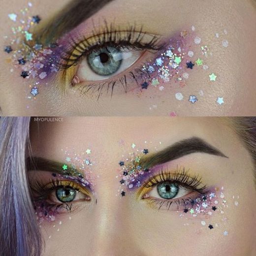 10 Glam and Glittery Makeup Looks: #3. Rainbow Glitter and Stars .