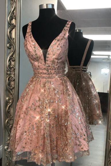 Unique V Neck Pink Beads Backless Homecoming Dresses Short Prom .