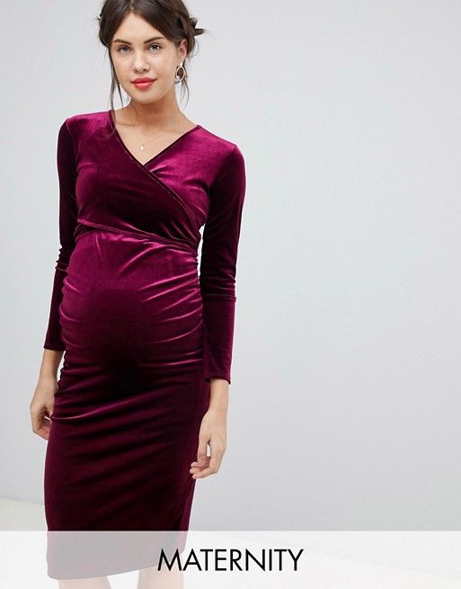Bluebelle Maternity plunge long sleeve velvet dress in burgundy .