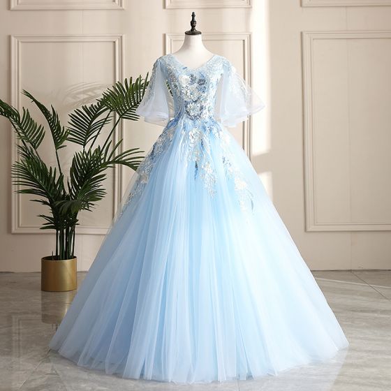 Classy Sky Blue Prom Dresses 2019 A-Line / Princess V-Neck Pearl .