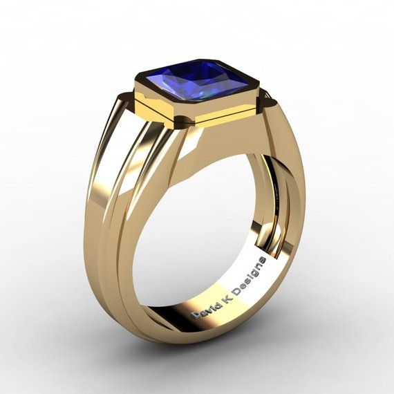 Mens Modern 14K Yellow Gold 2.0 Ct Princess Blue Sapphire Ring .