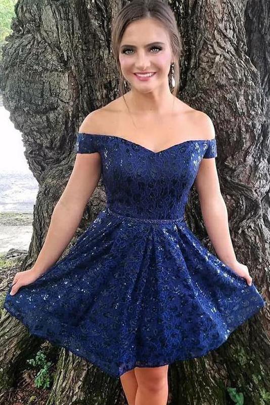 Dark Blue Off the Shoulder Lace Homecoming Dresses, Sexy Lace .