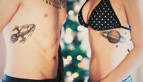 Spaceship and saturn tattoos, couples tattoos, matching tattoos .