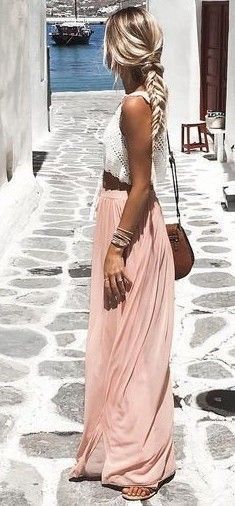 Summer look | White crochet crop top with pastel maxi skirt .