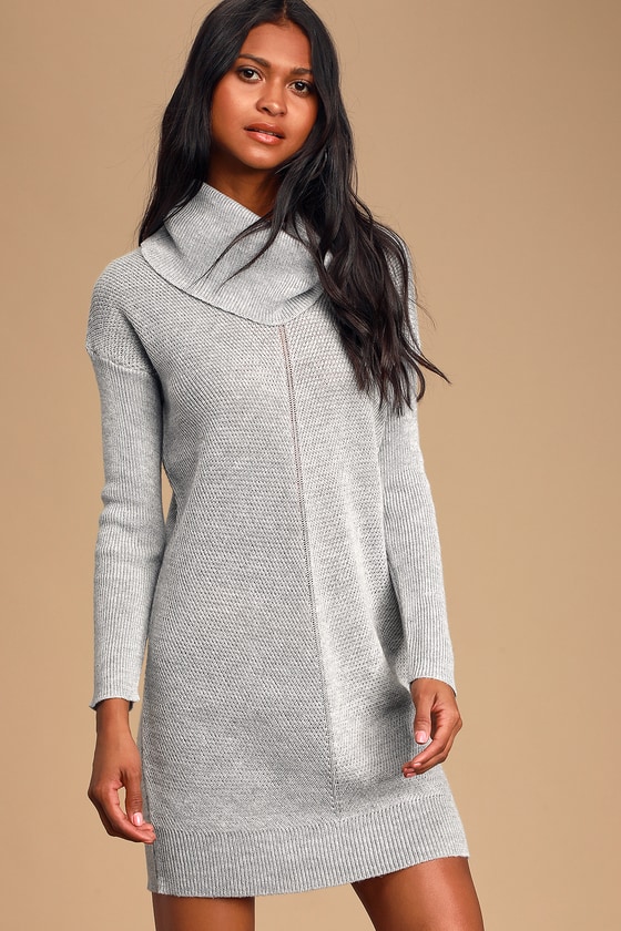 Cute Grey Knit Dress - Cowl Neck Dress - Long Sleeve Dress - Lul