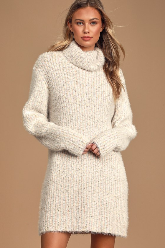 Eyelash Knit Sweater Dress - Turtleneck Dress- Multi Color Dress .