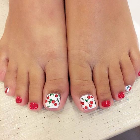 Red and White Cherry Toe Nail Design: | Cute toe nails, Pretty toe .