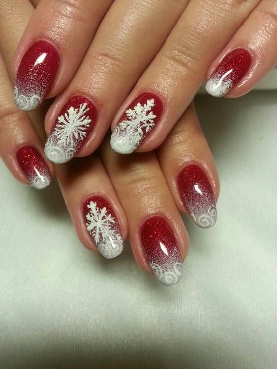 Winter nails with snowflake; red and white Christmas nails; cute .