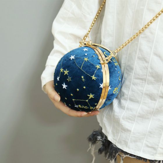 Amazing / Unique Ocean Blue Suede Star Embroidered Metal Clutch .