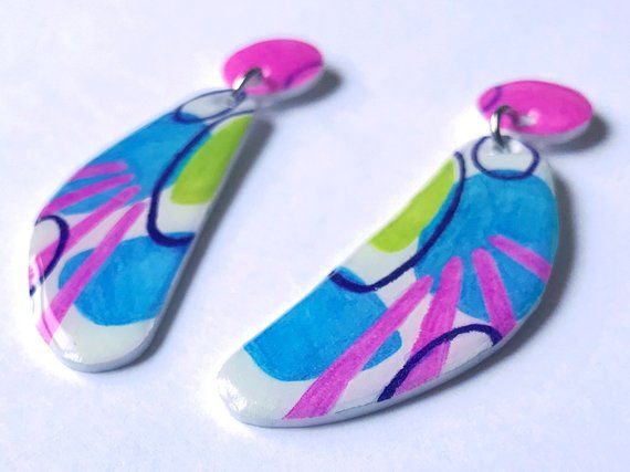 Drop Post Bright Colorful Hand Painted Earrings Stud Dangle | Etsy .