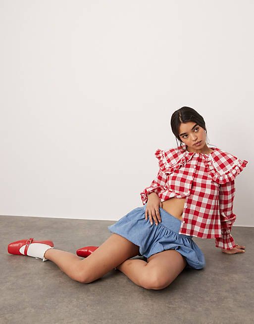 Elevate Your Wardrobe with the ASOS DESIGN Oversized Frill Collar Blouse in Red Gingham