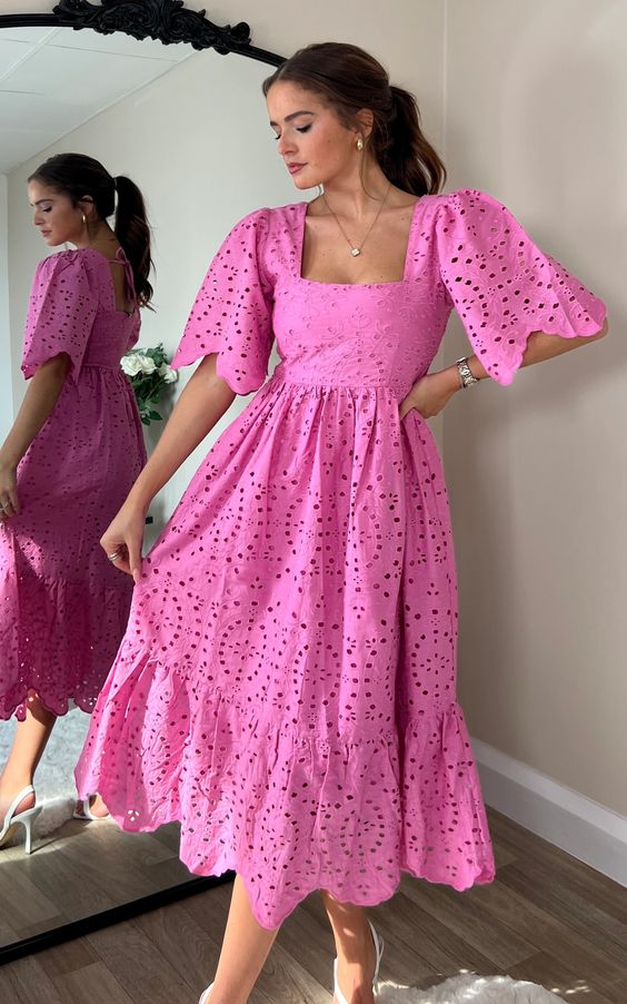 Embrace Feminine Elegance with the Aspen Broderie Tiered Midaxi Dress in Pink