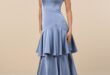 Blissfully Beautiful Slate Satin Strapless Tiered Maxi Dress