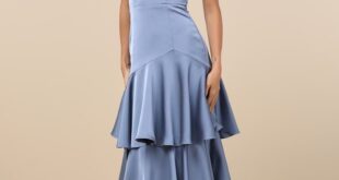 Blissfully Beautiful Slate Satin Strapless Tiered Maxi Dress