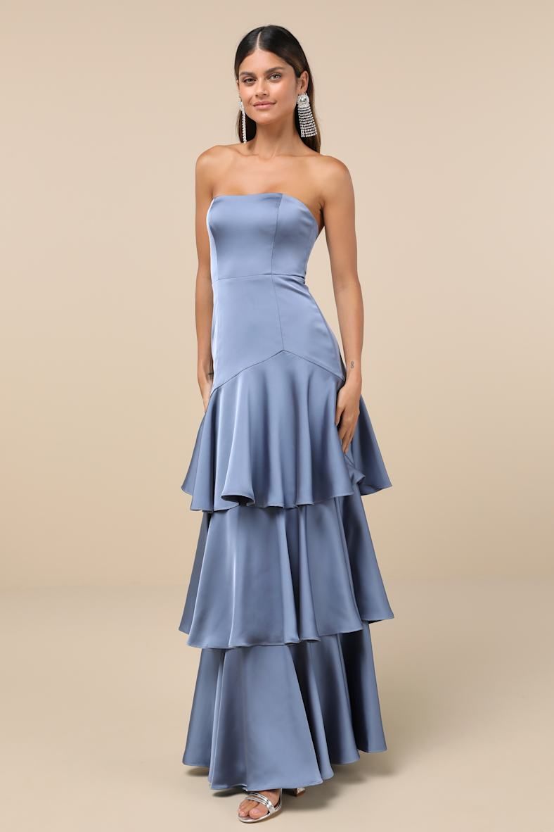 Discover Elegance with the Blissfully Beautiful Slate Satin Strapless Tiered Maxi Dress from Lulus