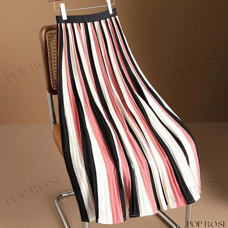 Contrast Color Vertical Striped Pleated Skirt - Fashionable Design Color Block Half Skirt