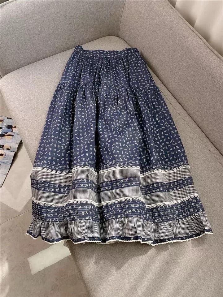 Doen Navy Floral Midi Skirt High Waist A-line Skirt for Women  | eBay