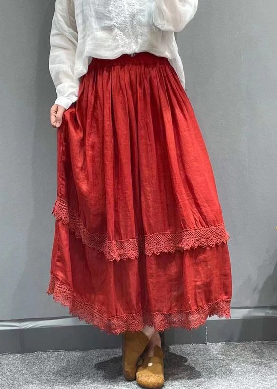 Elegance Meets Comfort: The Beautiful Red Elastic Waist Lace Patchwork Linen Pleated Skirt from Soolinen